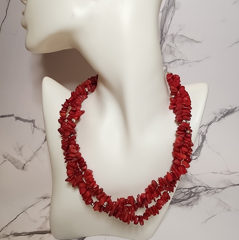 Red Coral chips Necklace with 925 Sterling Silver Clasp